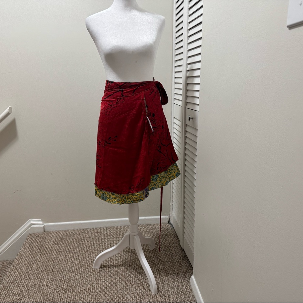 Red Asymmetrical Wrap Skirt Knee-Length